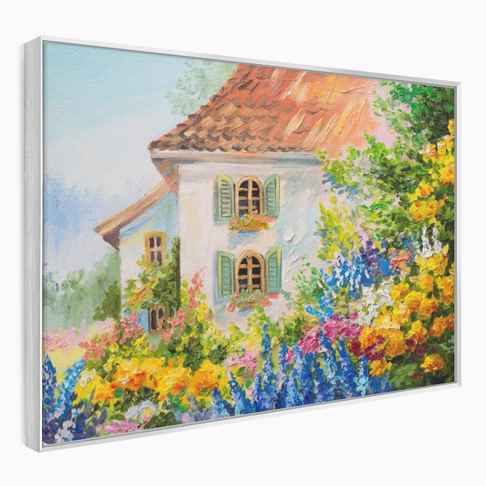 Tablou canvas cu pictura cu casa alba si flori, in rama de aluminiu argintiu